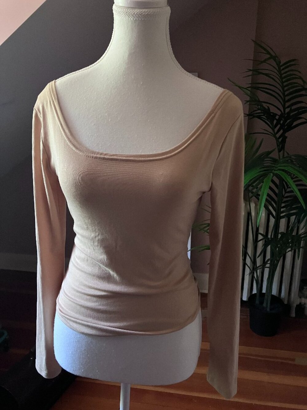 Tan long sleeve wide boat neck stretchy knit tee shirt top
